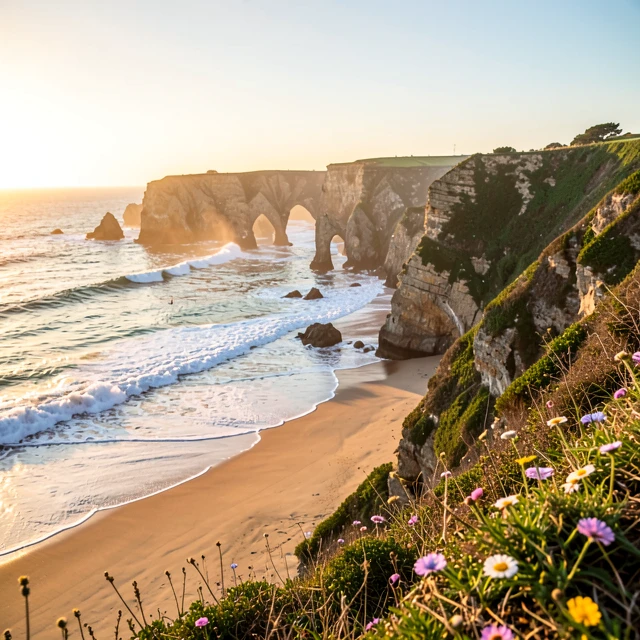 Sonoma Coast beach at sunrise with dramatic ocean waves and rocky cliffs