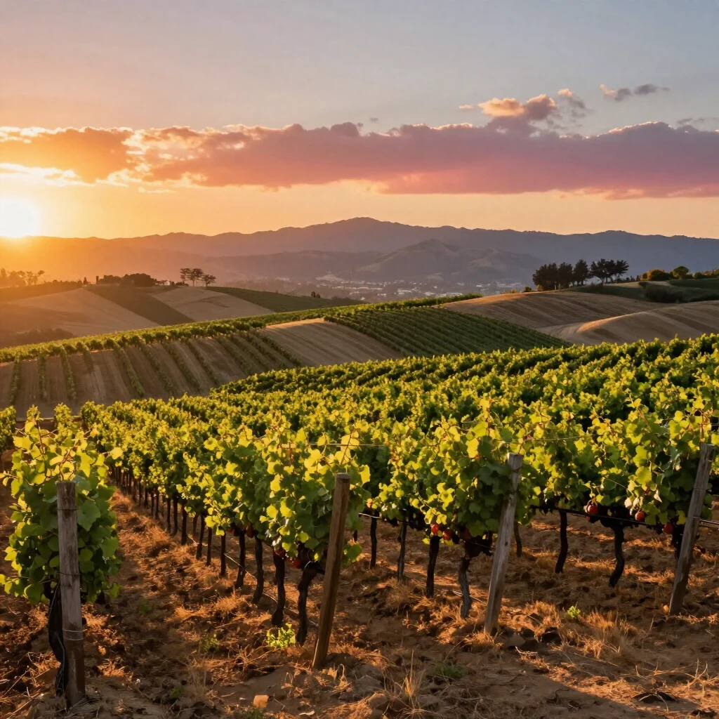 California vineyard at sunset with rolling hills and grapevines
