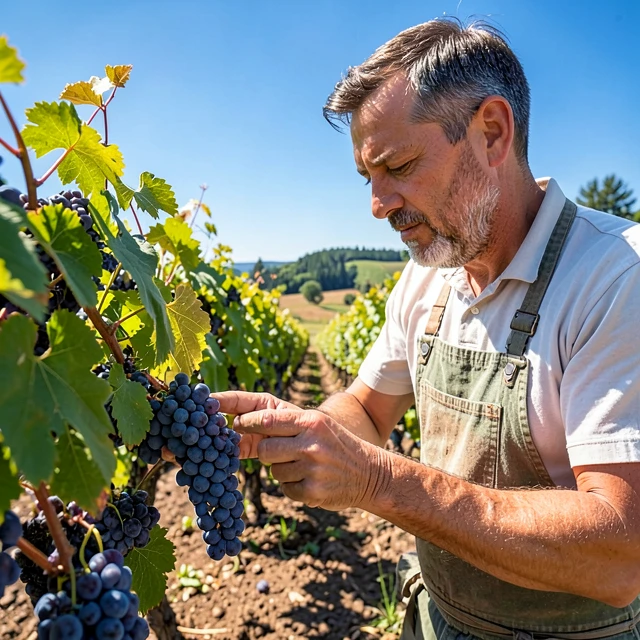 Winemaker checking grapes in an environmentally friendly vineyard