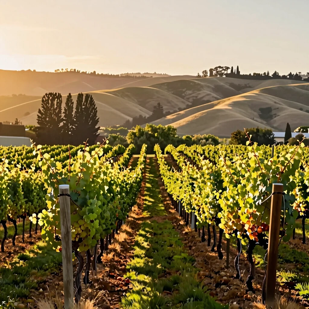 Golden hour view of the vineyards at Beringer Vineyards in Napa Valley