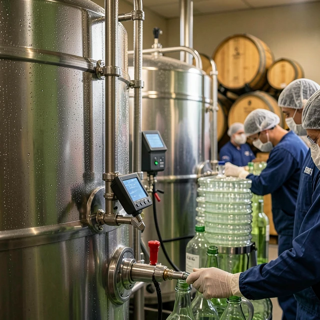 Inside view of eco-friendly winemaking process with water recycling and sustainable equipment