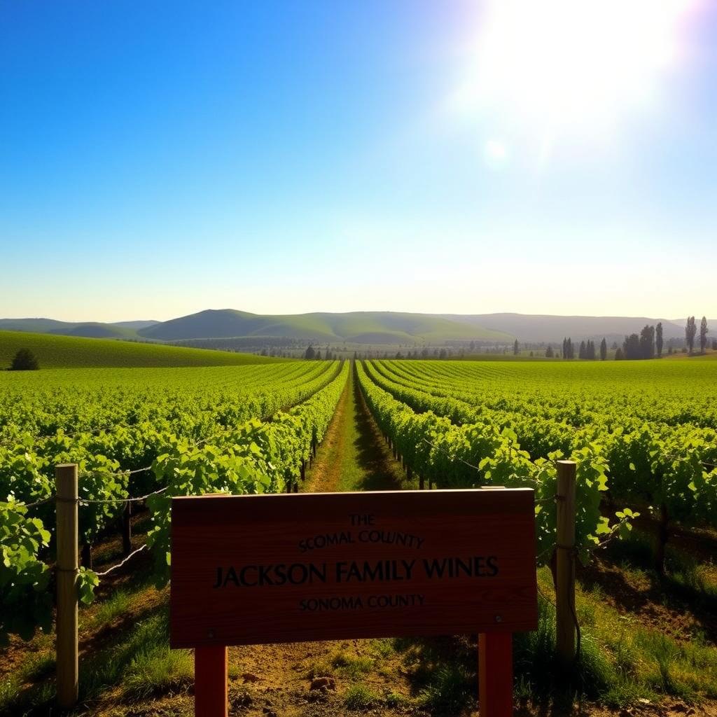 Sunlit vineyard with rows of grapevines and a Jackson Family Wines sign in Sonoma County.