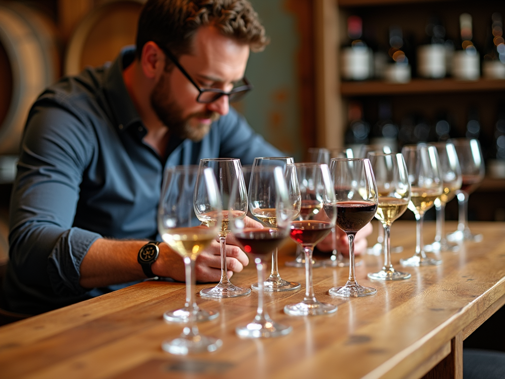 Winemaker at a blending table with wine samples