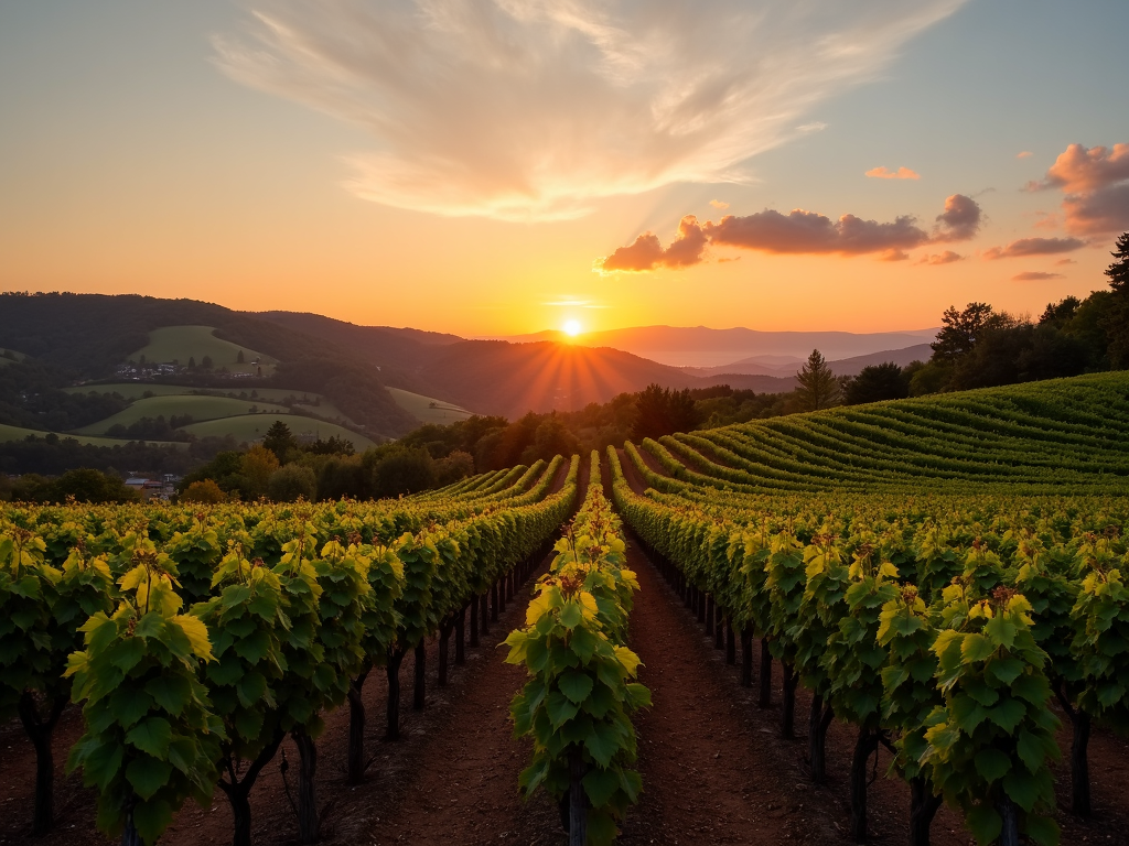 Vineyard at dusk, showcasing rows of grapevines and rolling hills in the background.