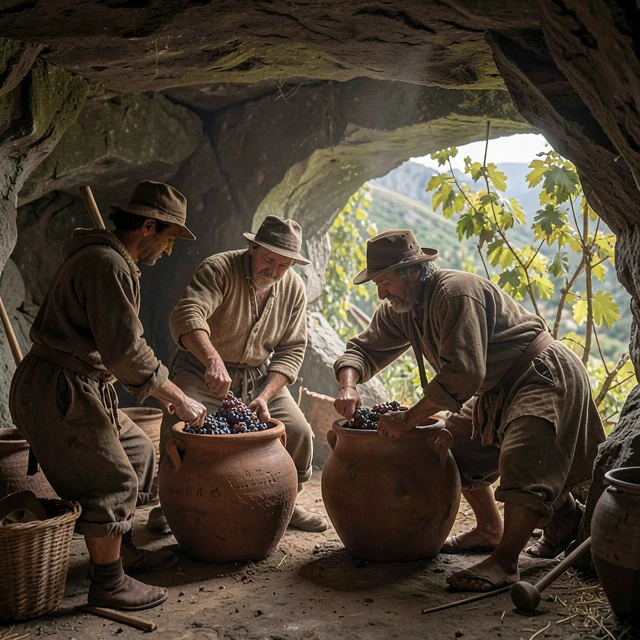 Ancient winemakers in Georgia using traditional clay vessels for fermentation