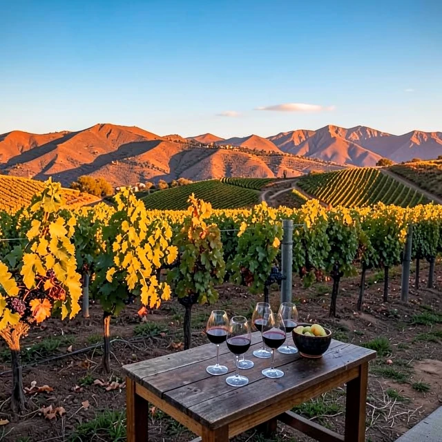 Sunset over Napa Valley vineyards with a tasting setup