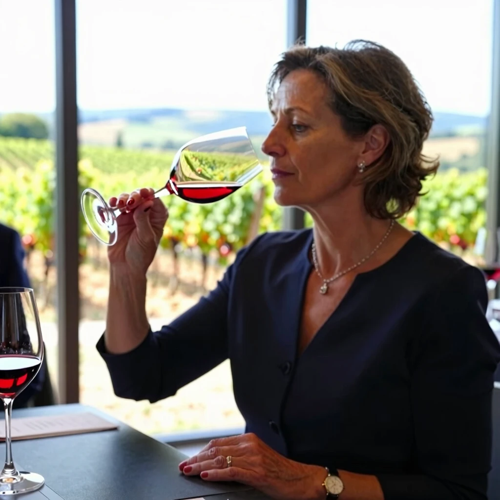 Professional wine tasting in a room with vineyard views
