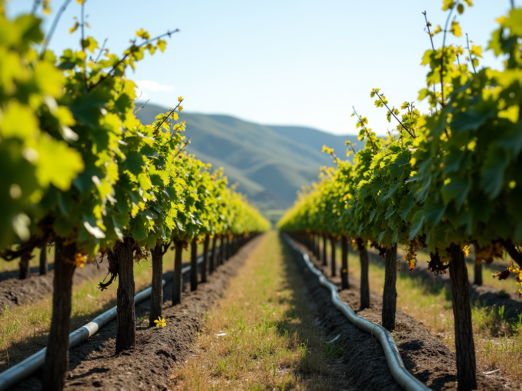 Drip irrigation watering grapevines in a vineyard