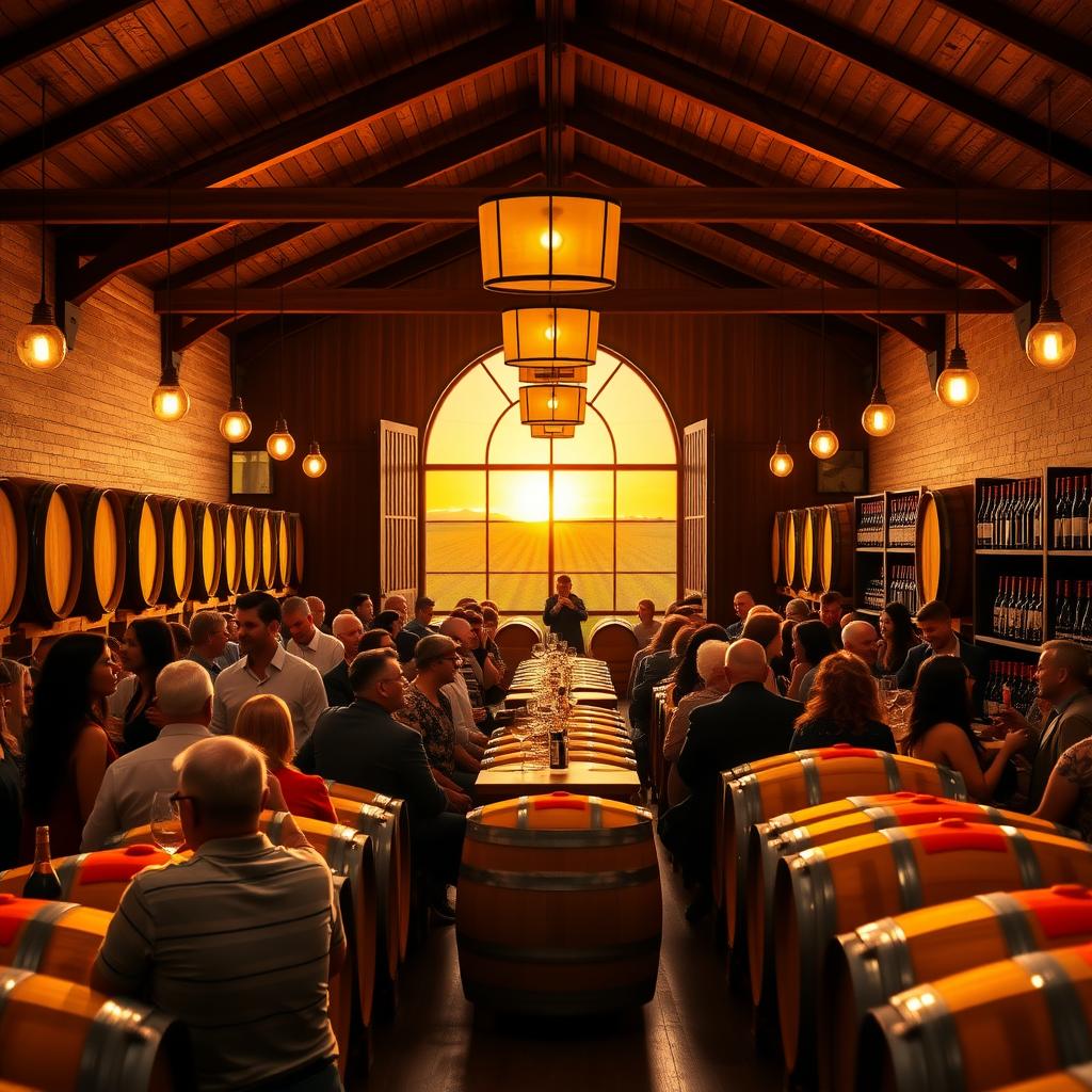 A cozy winery tasting room with wooden barrels and people enjoying wine, overlooking grapevines at sunset.
