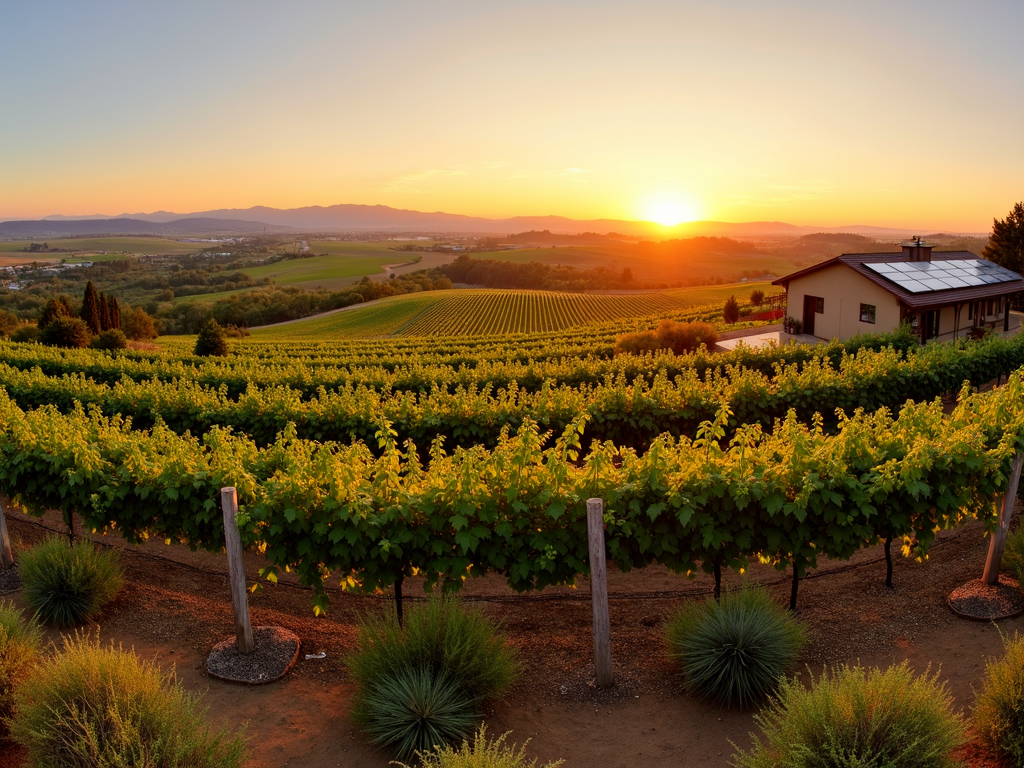 A sustainable vineyard at Jackson Family Wines, showcasing solar panels and biodiversity.