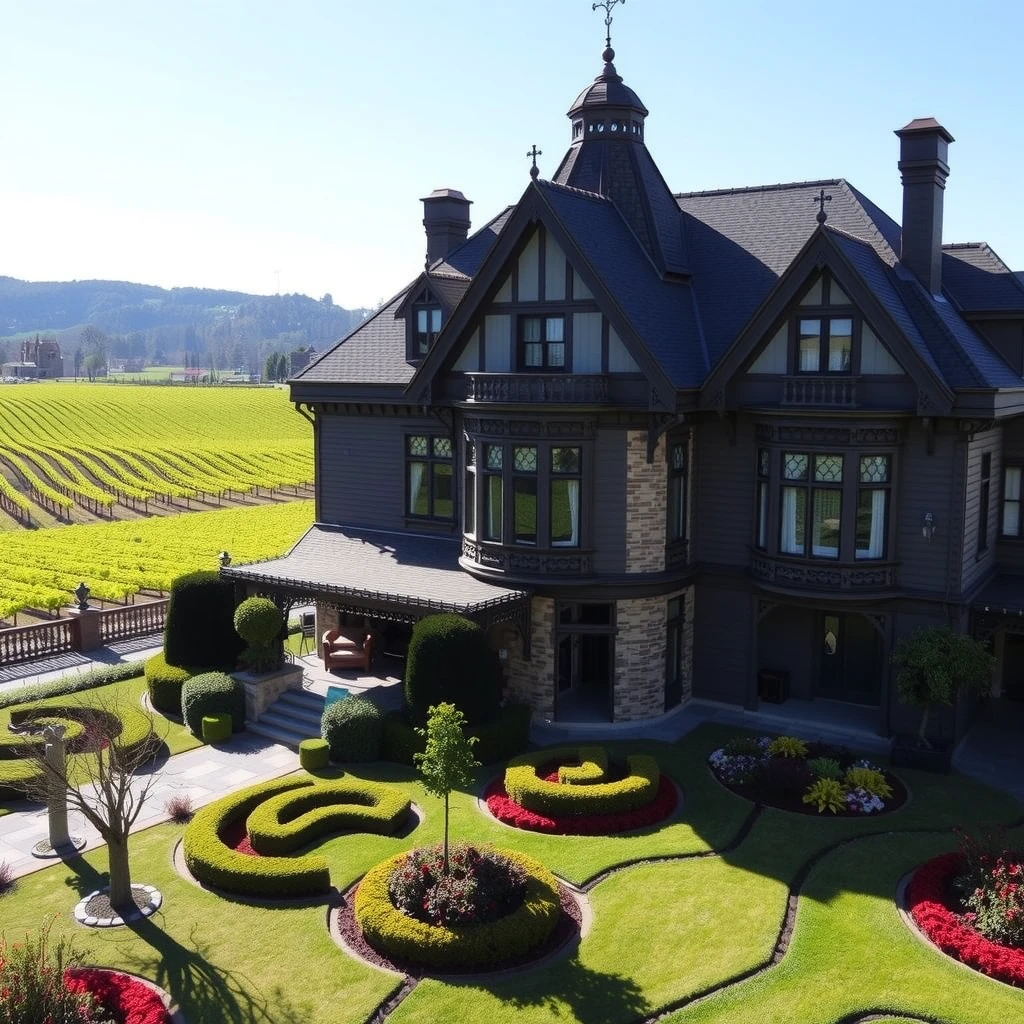 The iconic historic Rhine House at Beringer Vineyards surrounded by sustainable vineyards