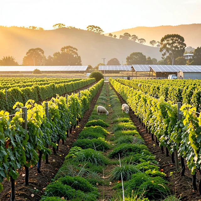 Sustainable vineyard in Sonoma County with natural grazing and solar energy