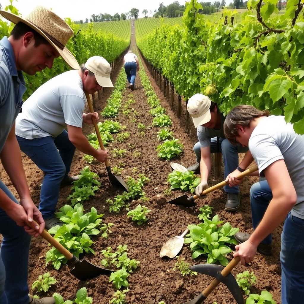 Vineyard workers planting cover crops.