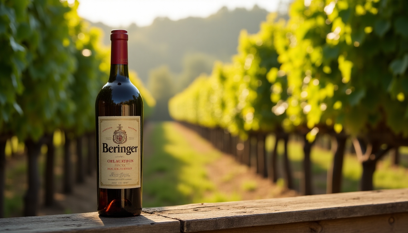 A vintage bottle of Beringer wine against a rustic vineyard background.
