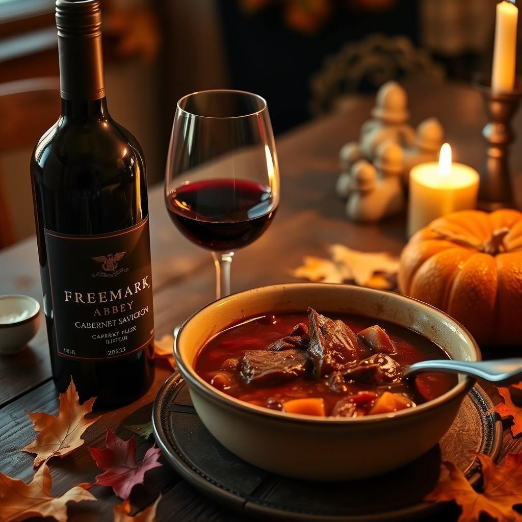 Autumn dinner with beef stew and Freemark Abbey Cabernet Sauvignon