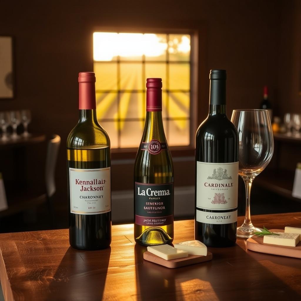 Jackson Family Wines bottles on a table with vineyard sunset view