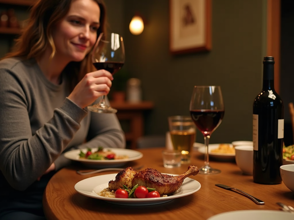 Tasting wine and food together at home.