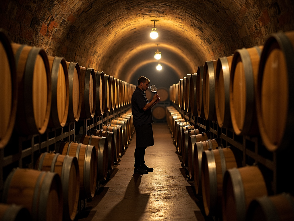 Wine aging in oak barrels