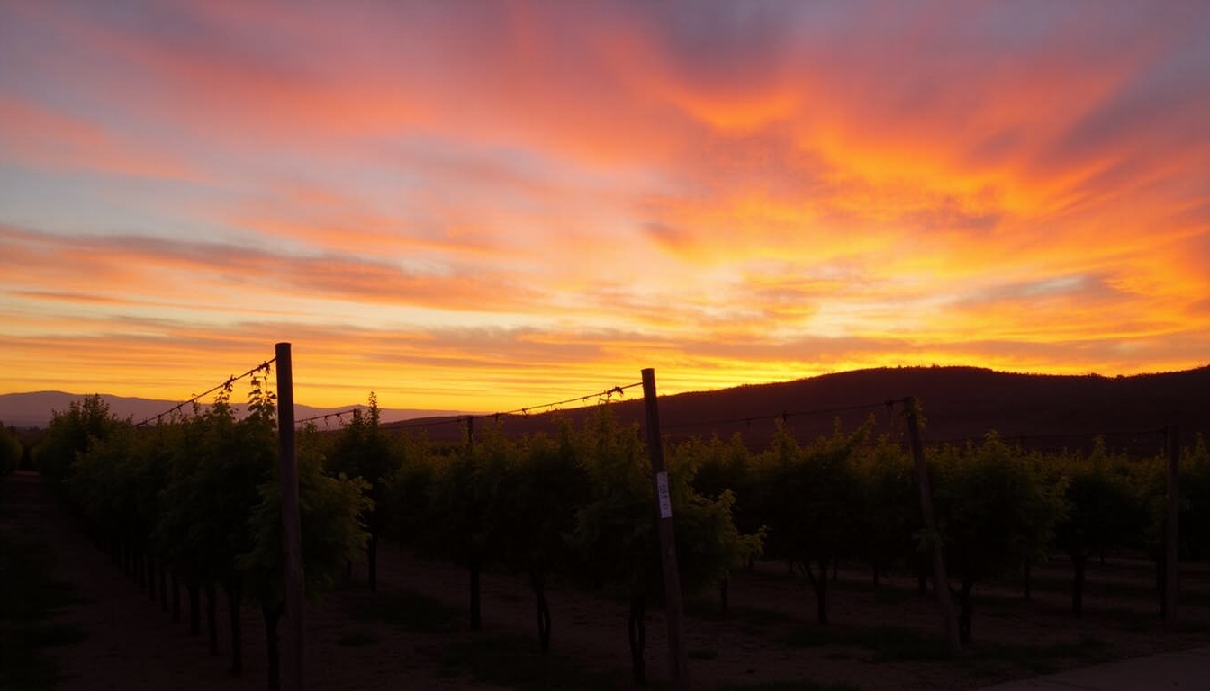 The sunset view over the vineyard with a gentle light casting shadows of grapevines.