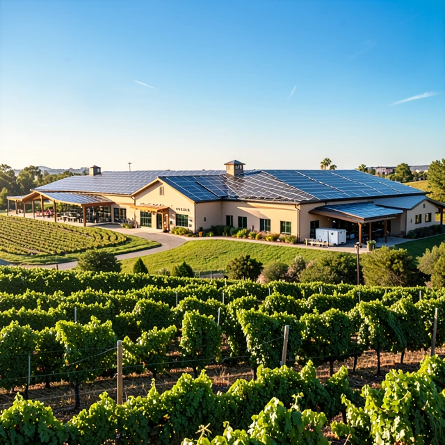 Modern winery powered by solar panels with vineyards in the background