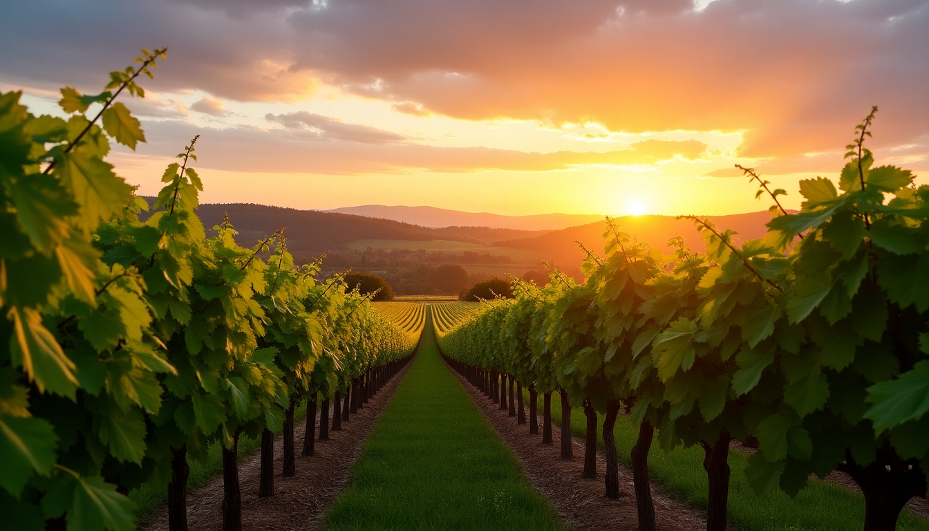 A serene vineyard landscape during sunset, highlighting natural beauty.