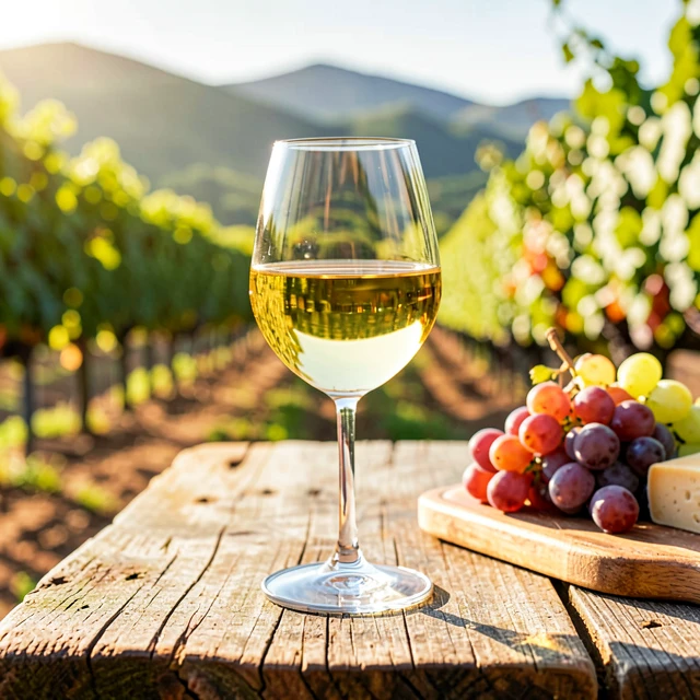 Glass of Chardonnay wine with vineyard backdrop and cheese pairing elements