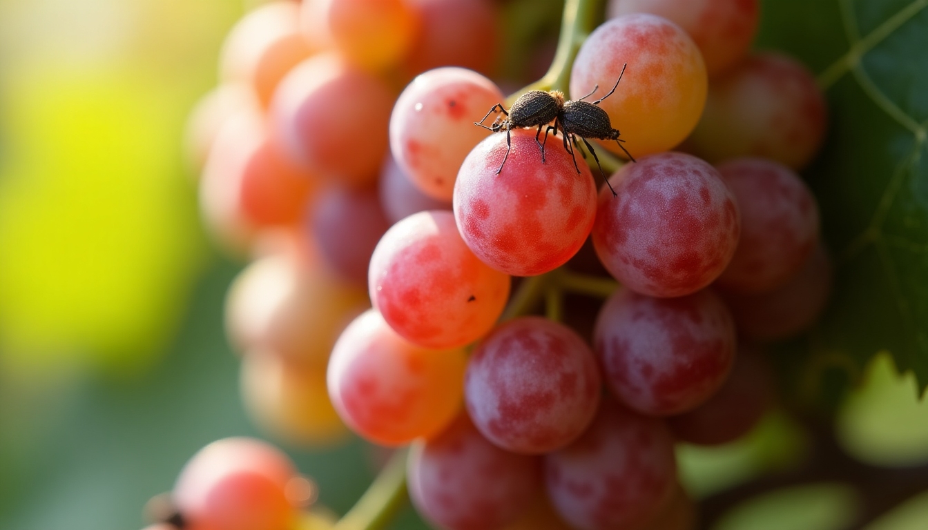 Ripe grapes on a vine with insects and sunlight highlighting biodiversity.