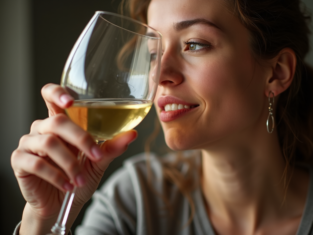 Smelling the aromas of white wine.