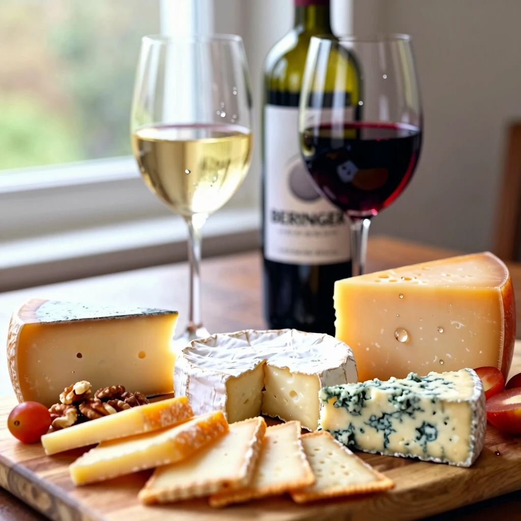 Close-up cheese board paired with red and white wines including Beringer
