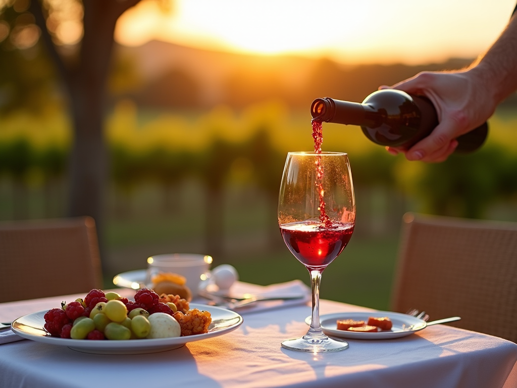 Pouring red wine at sunset
