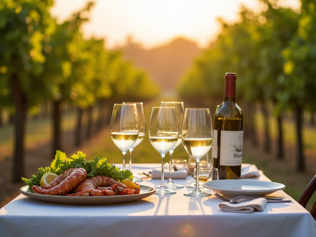 Outdoor table with white wine and food