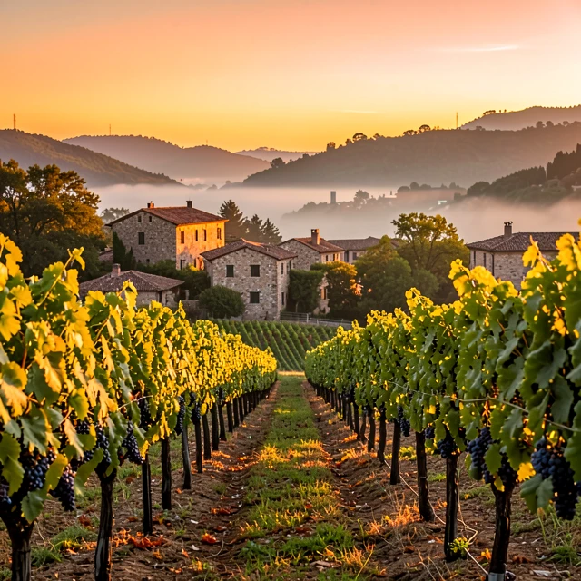 Beringer winery vineyards in Napa Valley at sunset