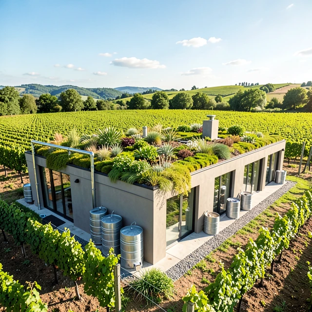 Modern sustainable winery with green roof and rainwater systems amid vineyards