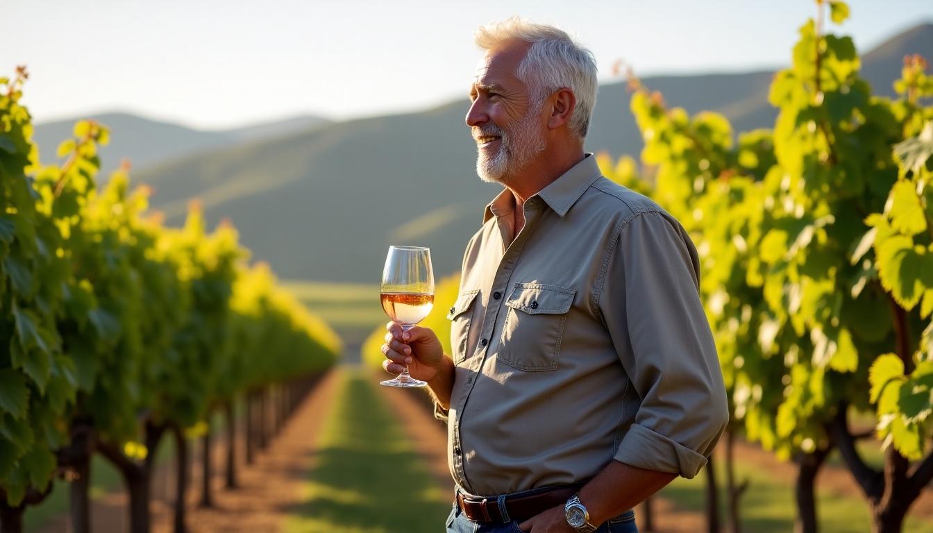 A vintage photograph of Jess Jackson, founder of Jackson Family Wines, in a vineyard.
