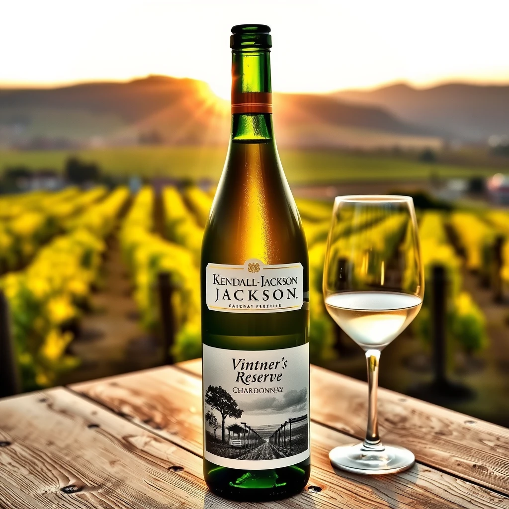 Bottle of Kendall-Jackson Vintner's Reserve Chardonnay with wine glass and vineyard view