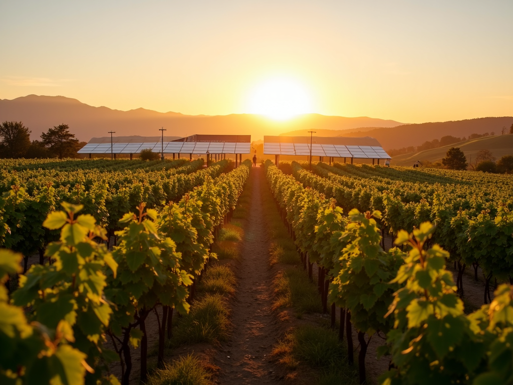 Sustainable vineyard with solar panels at dawn