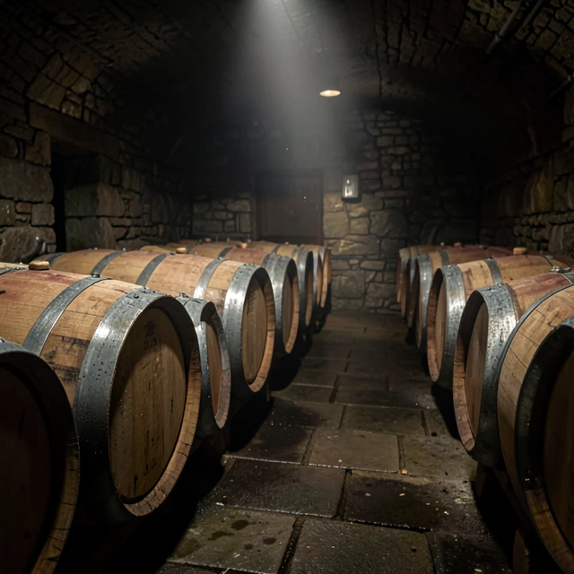 Oak barrels aging wine after fermentation