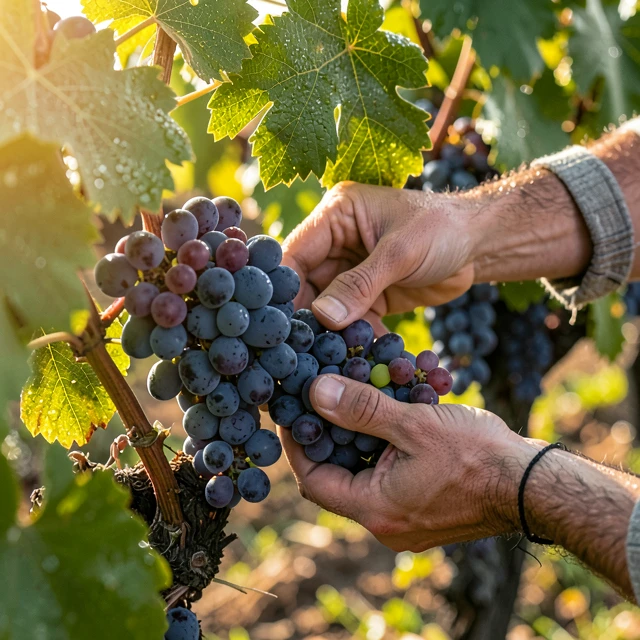 Winemaker inspecting grapes in a sustainable vineyard