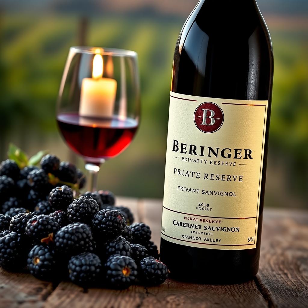 Beringer Private Reserve Cabernet Sauvignon bottle with blackberries and wine glass