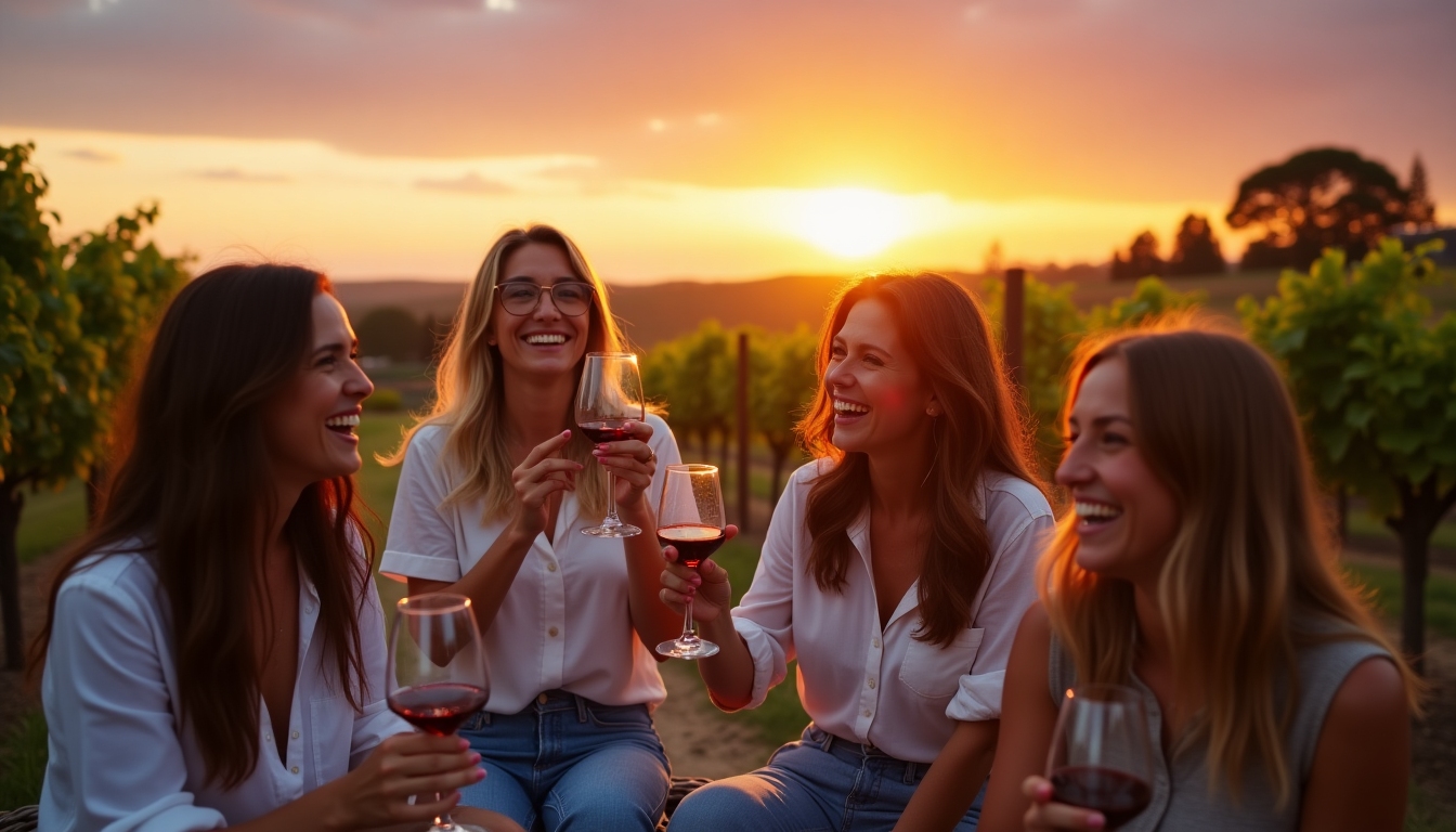 Seasonal wine tasting event at a vineyard showing an enthusiastic group enjoying.