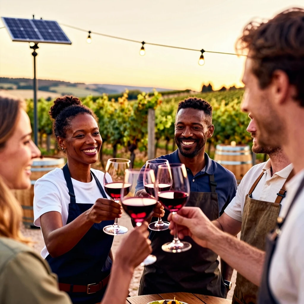 Winery team celebrating with solar-powered sustainable vibes