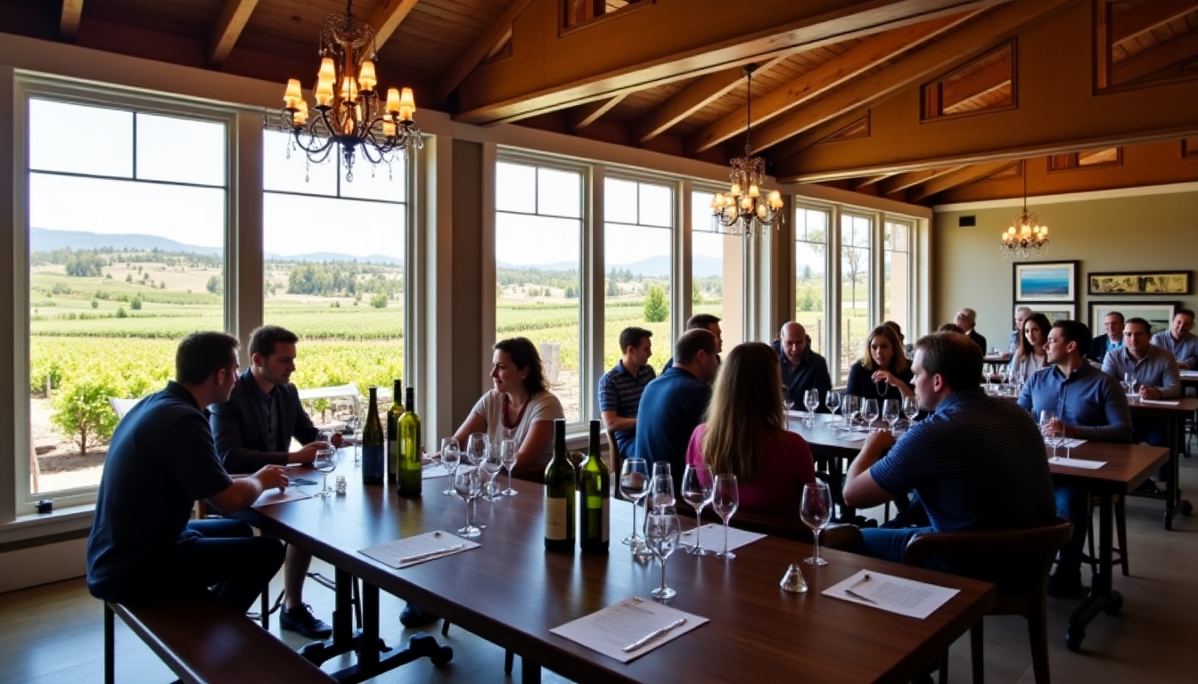 A tasting room at a picturesque winery with visitors enjoying glasses of Jackson Family Wines, surrounded by barrels and wine-making equipment.
