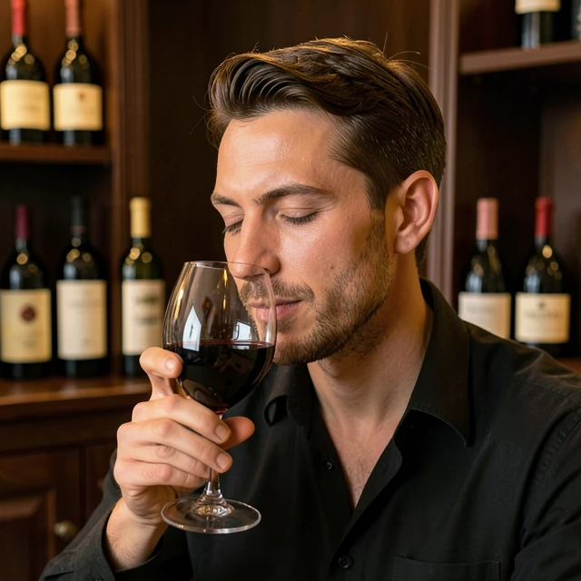Person savoring and evaluating wine during a tasting session