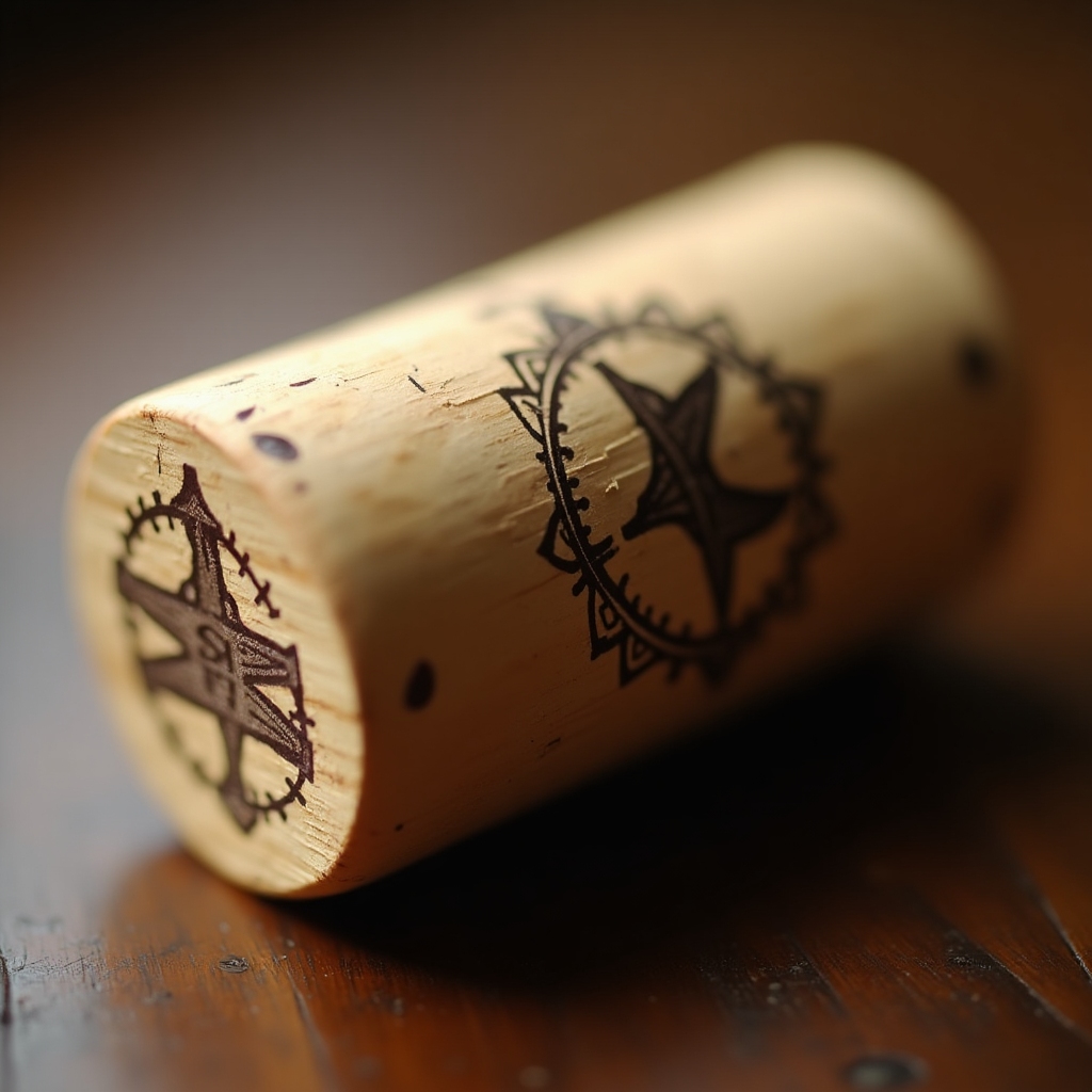 close-up of a wine cork embedded with a branded logo