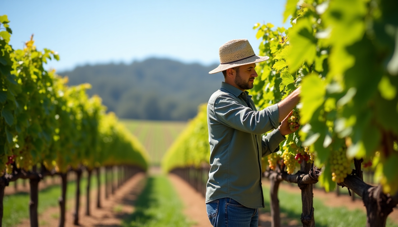 A vineyard worker tending vines, showcasing sustainable farming methods.