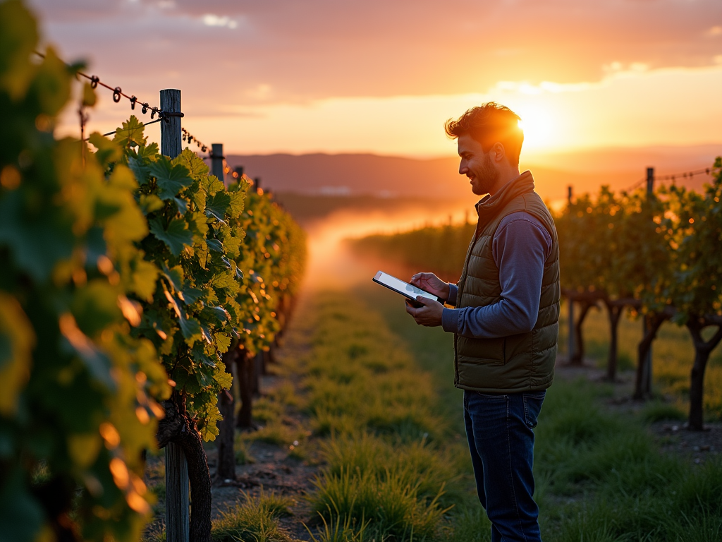 Modern vineyard at sunset with advanced irrigation technology.