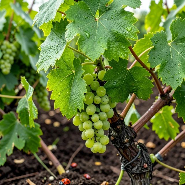 Close-up of organic grapevines with healthy leaves and fruit in a certified vineyard