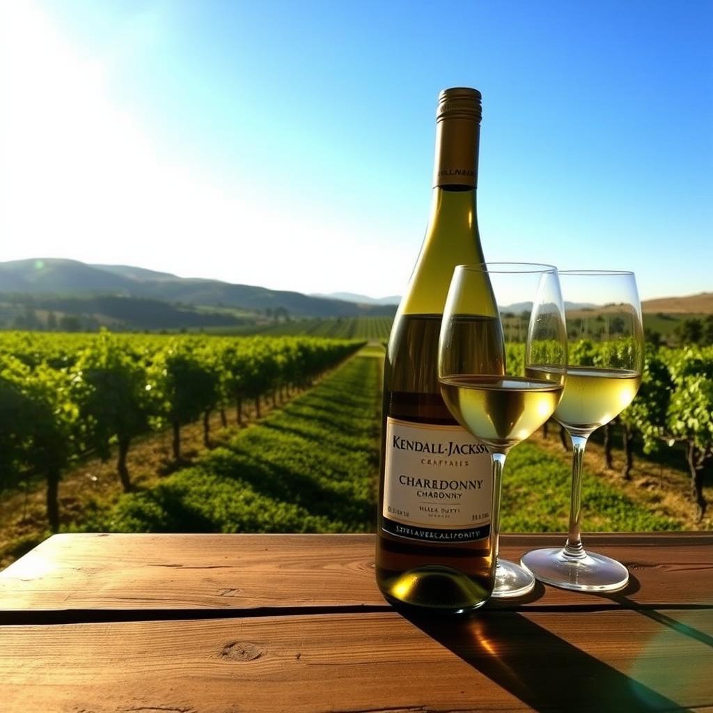 Sunlit Sonoma County vineyard with a wooden table holding a bottle of Kendall-Jackson Chardonnay and two wine glasses.