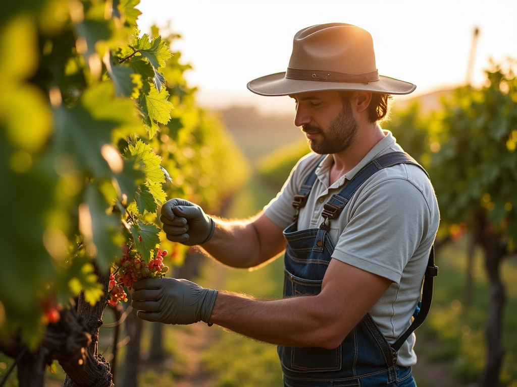 Vineyard worker tending to organic vines