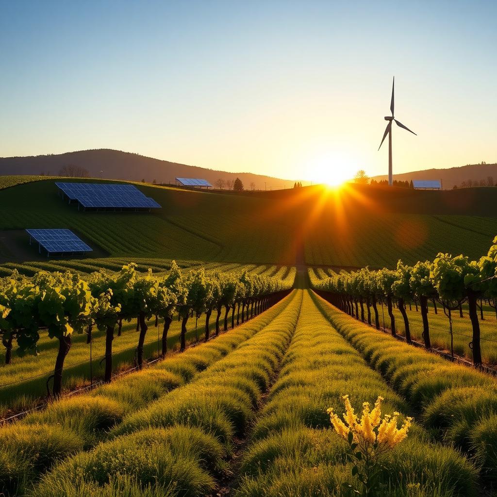 Sunrise over a Jackson Family Wines vineyard with grapevines, cover crops, solar panels, and a wind turbine.